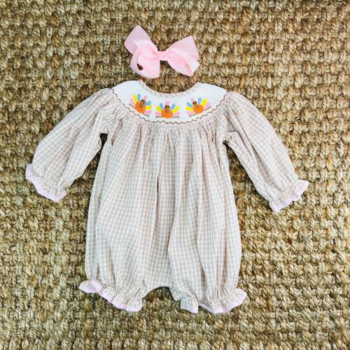 Turkey Smocked Bubble for Thanksgiving - Tan and Pink, Matching sibling options, Long Sleeve Bubble Romper, Baby Girl, Heirloom, 641 *B