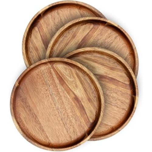 BF BILL.F SINCE 1983 Wooden Plates Round Dinner Plates 8 Inch Acacia Wood Serving Tray Wooden Serving Platters for Home Decor, Food, Vegetables, Fruit, Charcuterie, Appetizer Serving Tray (Set of 4)