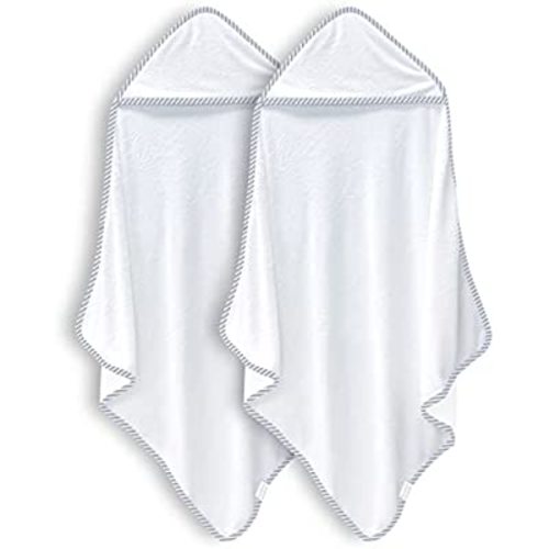 BAMBOO QUEEN 2 Pack Premium Bamboo Baby Bath Towel - Ultra Soft Hooded Towels for Babies,Toddler,Infant - Newborn Essential -Perfect Baby Registry Gifts for Boy Girl (White and Stripe, 30 x 30 Inch)