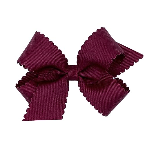 Wee Ones Girls' Classic Grosgrain Hair Bow with Scalloped Edges and Plain Wrap Center on a WeeStay Hair Clip, Medium, Burgundy