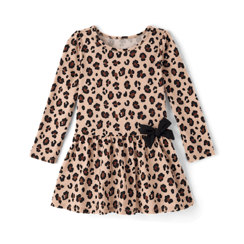 Baby And Toddler Girls Leopard Bow Drop Waist Dress - Tan