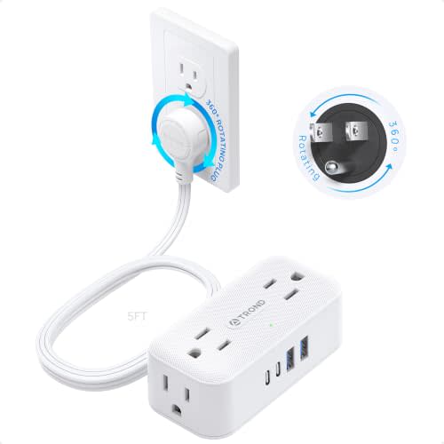 TROND 360° Rotating Flat Plug Power Strip 5ft, 4 Widely AC Outlets, White | Flat Extension Cord 4 USB Ports (2 USB C), 10A/1250W, Wall Mount, 900J Surge Protector for Office Travel Dorm Room Essentials