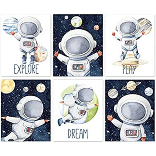 RUIYAN 6 Pieces Funny Inspirational Cartoon Outer Space Astronaut Planet Wall Art, Explore Dream Discover Art for Boys,(8*10inch)Perfect Nursery Playroom Classroom or Children Room Decor