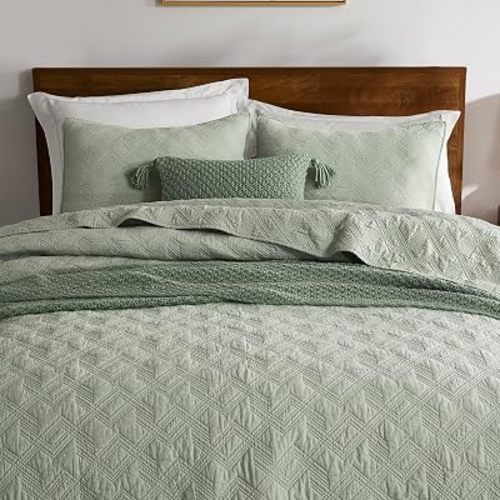 WDCOZY 100% Cotton Twin Size Quilt Set - Sage Green Pre-Washed Soft Lightweight Modern Bedspread, Farmhouse Country Rustic Coverlet, Textured Like Linen, Shabby Chic Gauze Bedding, 2 Pieces