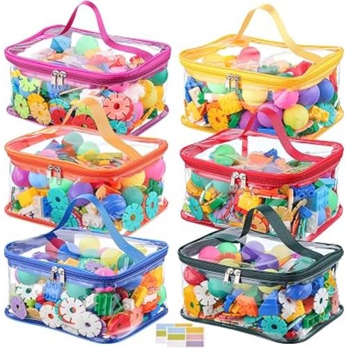 6 Packs Clear Toy Storage Bags, Colorful PVC Waterproof Toy Organizer with Zip Reusable Bags for Building Blocks, Board Game, Puzzles, Kids Books, Stationery