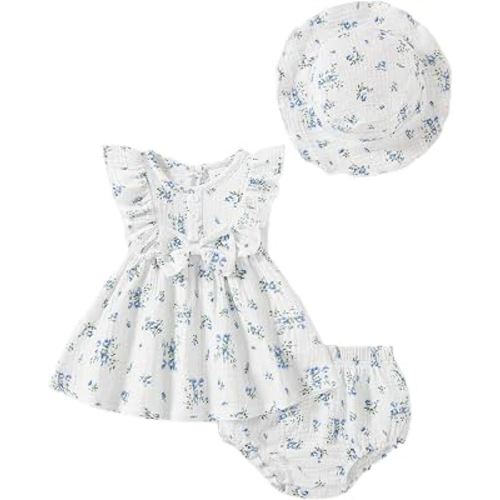 Vibebox Baby Girl Dresses Toddler Summer Princess Dress Clothes 0-18 Months | Ruffle Sleeveless Bows Dresses, Spring Summer Party Birthday Outfits, Infant Girls 3-Piece Sundress with Hat and Underwear