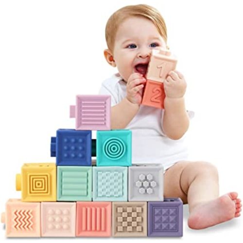 Baby Montessori Blocks | Sensory Stacking Toy with Numbers Shapes Animals and Textures | 12 pcs Set