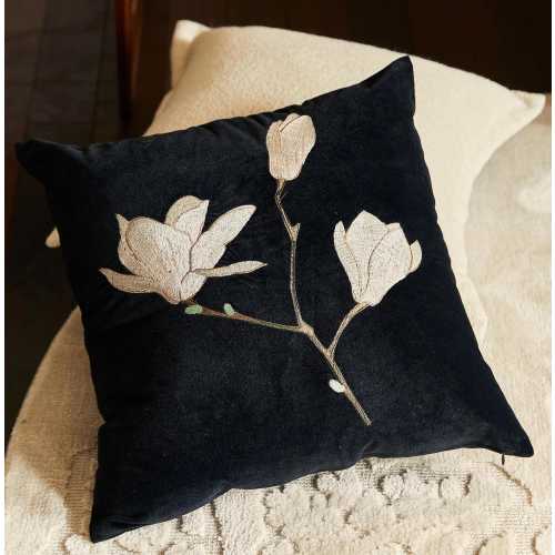 Black Velvet Magnolia Pillow Cover, Embroidered Floral Cushion, Chinoiserie Decor