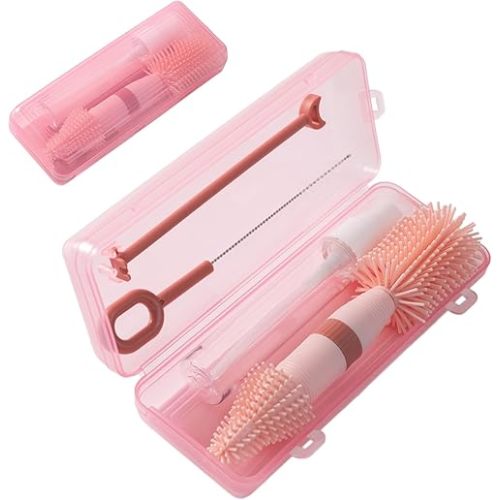 Chemimoso Small Silicone Baby Bottle Brush for Newborn Anti-Colic Baby Bottles,Portable Travel Bottle Cleaner Brush,Suit for Baby Bottles Less Than 8 OZ, Pink