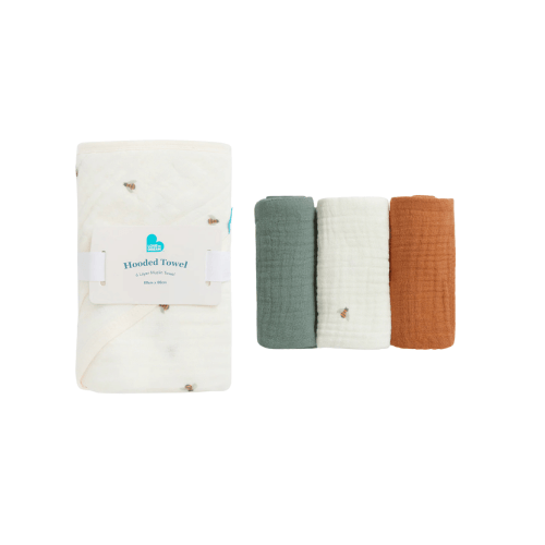 Baby Bath Bundle | Hooded Towel, Wash Cloth | Sage Bees | Cream Bees