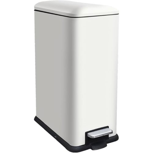 12 Gallon Slim Kitchen Trash Can, Rectangular Trash Can with Removal Inner Bucket and Soft-Close Lid, Foot Pedal, Stainless Steel Garbage Can 45 Liter, White