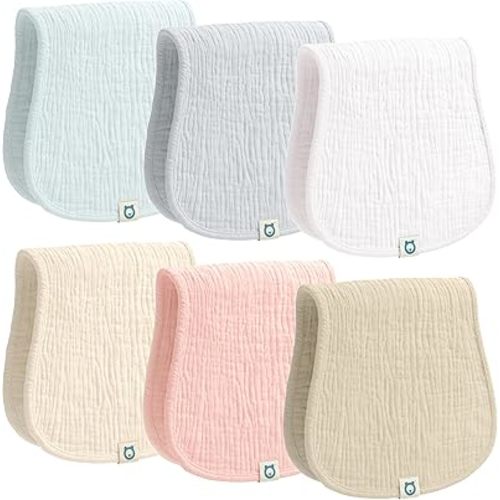 Muslin Burp Cloths Set, 6 Pieces, 100% Organic Cotton Hand Washcloths for Baby Boys and Girls Extra Absorbent and Soft Burping Rags (Neutral - Multi Colored)