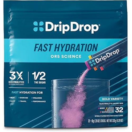 DripDrop Hydration Packets - Bold Variety Pack - Single Serve Electrolytes Powder Drink Mix - Watermelon, Berry, Lemon, Orange - Non-GMO, Gluten Free, Vegan - 32 Sticks