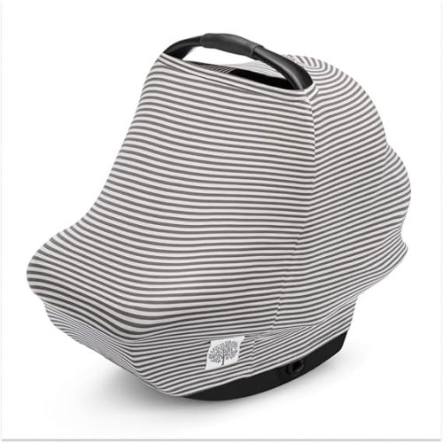 Parker Baby 4 in 1 Car Seat Cover for Girls and Boys - Stretchy Carseat Canopy, Nursing Cover, Grocery Cart Cover, High Chair Cover - “Pewter/Snow Stripes”