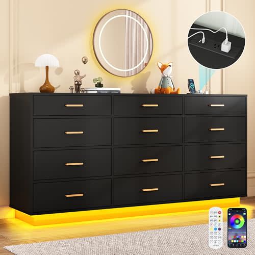 chartustriable Black 12 Drawers Dresser w/Power Outlet,60000-Colors Lights for Kids Bedroom,Modern 63In Long Dresser for Closet,Wooden Tall Dressers w/Large Storage for Entryway,Hallway