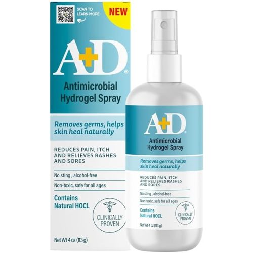 A+D Antimicrobial Hydrogel Spray – with Hypochlorous Acid, Removes Germs, Helps Heal Rashes & Irritations, Reduces Itch & Pain, Alcohol-Free, Non-Sting Formula, Safe for All Ages, 4oz