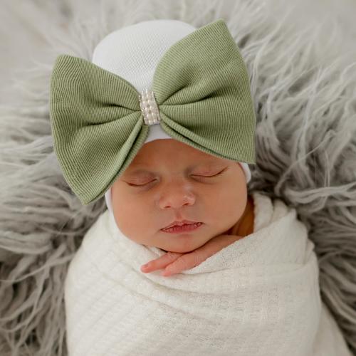 Sage Green Bow Newborn Hospital Hat: Pearl Rhinestone Gem