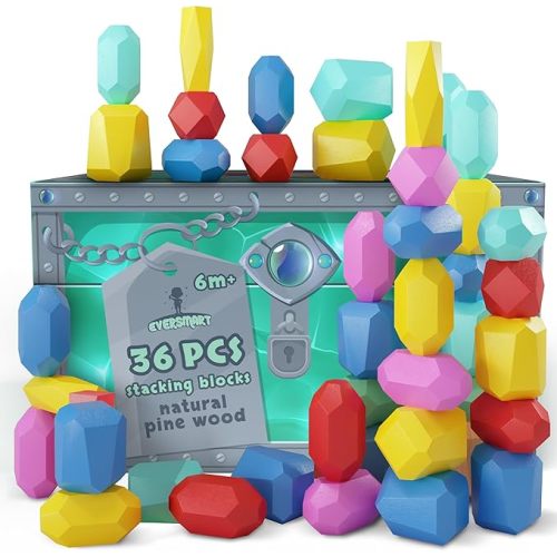 36 Pcs Wooden Stacking Blocks – Montessori Toys for 1 2 3 4 5 6 Year Old Toddlers and Kids, XL Rocks, No Choking Hazard – Sensory STEM Building Stones, for Girls and Boys