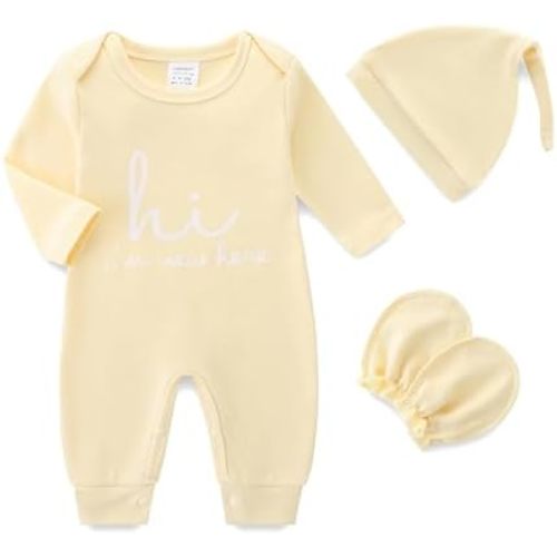 Newborn Baby Romper Cotton Coming Home Outfits Hi Im New Here with Hat Gloves Long Sleeve Solid Onesie