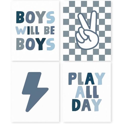 HRQKO Blue Checkered Nursery Decor Prints Set of 4, Room Decor for Boys, Kids Positive Will Be Boys Posters, Wall Decor for Play Room 8"x10" Unframed