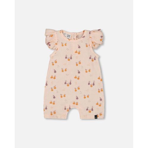 Deux par Deux Girl Printed Muslin One Piece Romper Peach with Pears