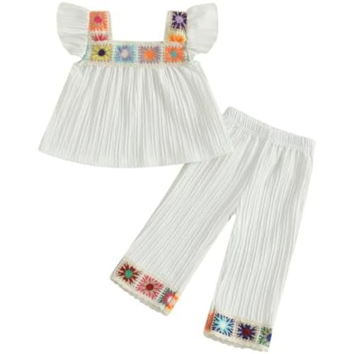 6M-5T Little Girl Clothes Boho Outfit Straps Hearts Shirts Cami Tank Tops Wide Leg Pants Baby Girl Summer Clothes