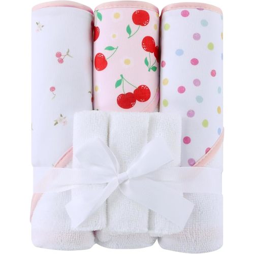 Viviland 6 Pcs Hooded Baby Towels and Washcloths Set, Super Gentle Bath Towels for Newborn Face & Body, Absorbent Wash Cloth for Infants Girls, Pink-Cherry Pattern, 28 x 28 inch