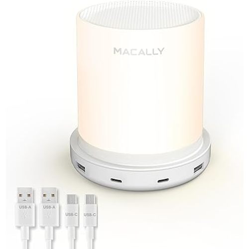 Macally Small Bedside Lamp with USB Ports (USB C + A) - Fast Charging Bedside Light and 3 Way Dimmable Touch Lamp for Nightstands - Great as a Night Light and Charger for Bedrooms