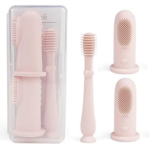 Ali+Oli Baby Oral Care Set (Blush) - Dual-Sided Finger Toothbrush x2, Tongue Scraper, Protective Case - BPA, Phthalate, PVC Free - Food-Grade Baby Care Products for Infants