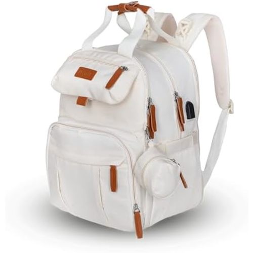 Expandable Diaper Bag Backpack for Baby Boy & Girl – 26-32L Large Capacity Travel Diaper Bag with Insulated Pockets, Changing Pad & Stroller Straps – Beige