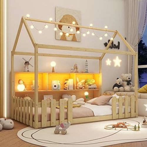 Twin House Floor Beds, Montessori Floor Bed with Storage Shelves & Fence, Wood Playhouse Bed Frame with LED Lights Strips for Teens, Girls, Boys, Natural