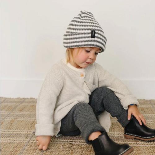 Grey & White Stripe Chunky Knit Beanie