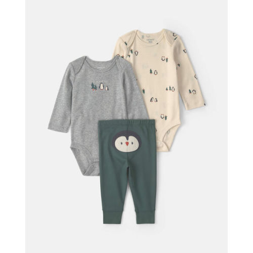 Baby Boy 3-Piece Penguin Long-Sleeve Bodysuit & Pant Set - Green/Grey/Cream | Carter's