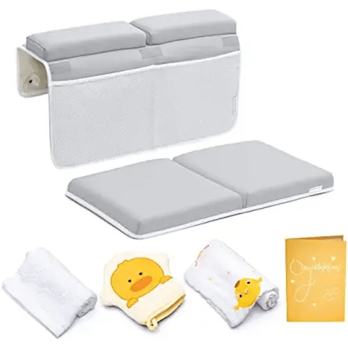 Bath Kneeler and Elbow Rest Pad, 1.75 inch Extra Thick Baby Bath Kneeling Pad and Elbow Pad for Bathtub. Bath Tub Elbow Pad with Infant Toy and Baby Accessories Organizer, Grey