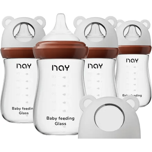 yanyoyo Natural Glass Baby Bottle for Breastfeeding Babies, 8oz Anti-Colic Baby Bottle with Natural Response Nipple(M), Clear, Wide Neck, 4 Pack, 3 Months+