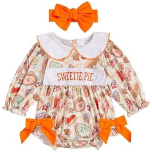 Thanksgiving Baby Girl Outfit Sweetie Pie Puff Long Sleeve Smocked Romper Cake Print Doll Collar Bodysuit Headband