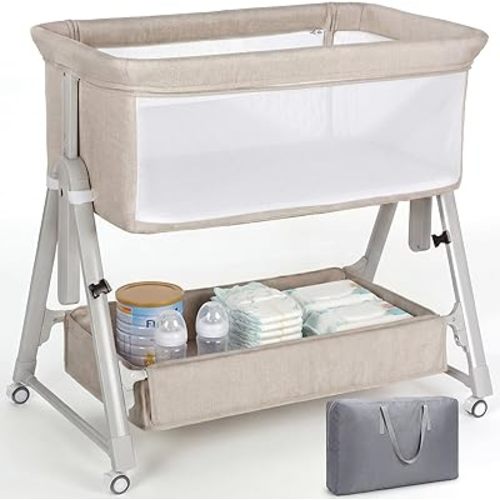 Cowiewie Bassinet Bedside Sleeper,3-in-1 Baby Bassinet with Mattress & Wheels,Easy Folding Portable Bedside Bassinet for Baby with Storage & Travel Bag,Breathable Mesh,Stable & Secure,Beige