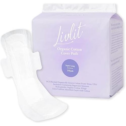 Livlit Super Long Overnight Sanitary Pads, 100% Organic Cotton from Texas, Heavy Absorbency, Powerful Leak Protection, Unscented, Extra Long Length Pads for Women (10 Count)