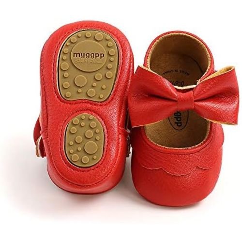 Baby Girls Mary Jane Flats, Non Slip Soft Sole, PU Leather Bowknot Dress Shoes, Newborn Infant Toddler First Walker, 0-18 Months