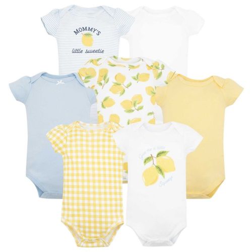 Hudson Baby Infant Girls Cotton Bodysuits 7-Pack, Lt Blue Lemon, 3-6 Months