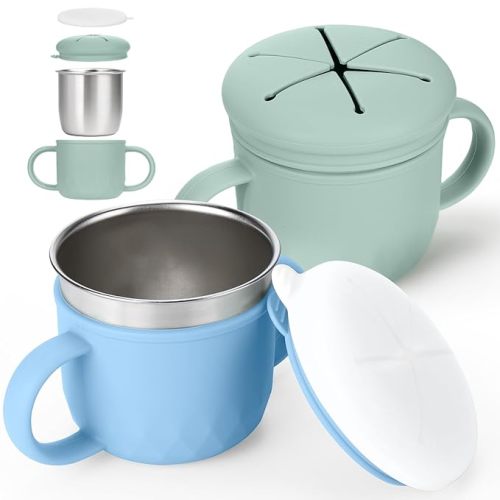 Mity rain 2-Pack Stainless Steel Snack Containers, 4-in-1 Spill proof Snack Cups With Silicone Lid and Handle, Dishwasher Safe Travel Snack Containers for Kids and Infants (Green + Blue)