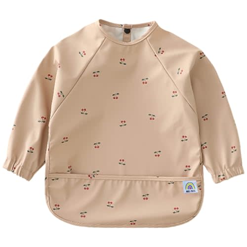 ARI MES Long Sleeves Waterproof Baby Bibs for Eating - Cherries, Medium- Wearable, Coverall for Toddler, Long Sleeve Bib, Smock Apron for Feeding - Applicable for 6-72 Months