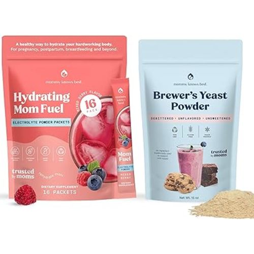 Breastfeeding Support Duo: Hydrating Mom Fuel Electrolyte Drink Mix (16 Ct) + Mommy Knows Best Brewer's Yeast Powder - Lactation Support (15 oz) - Ideal for Lactation Cookies, Smoothies, and Recipes