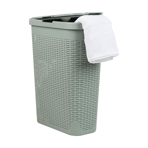 Mind Reader Slim Laundry Hamper with Lid, 40L Clothes Basket, Premium Wicker Design, Plastic, Mint