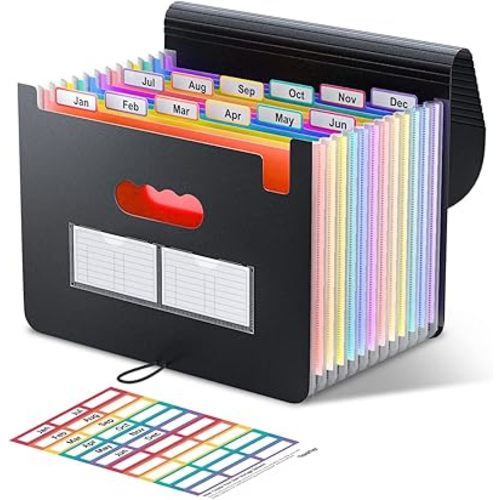 ThinkTex Accordion File Organizer, 12 - Pocket Expanding File Folders for Paper Receipts, Bills&Taxes Organizer, Letter/A4 Size Document Holder for School, Office, Home with Colorful tabs- Black