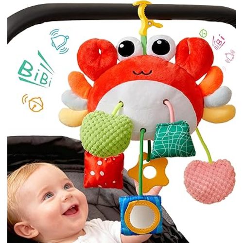 Choco Bear Baby Car Seat Toy, Baby Toys 0-6 Months 0-3-6-12 Months Newborn Toys,Infant Sensory Toy with Rattles & Mirror,Stroller Toys Hanging Toy for Crib, Babies CarSeat Toy,Gift for Baby Boy Girl