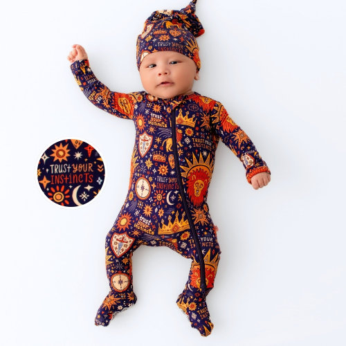 Bamboo Footie Zipper Baby Pajama - Blue Royal Instinct Lion Bamboo Onesie Sleeper - Trust Your Instincts Affirmation – Raising Mama