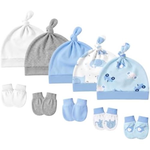 Baby Hats and Mittens Set, Knot Cotton Baby Caps Mittens for 0-6 Months
