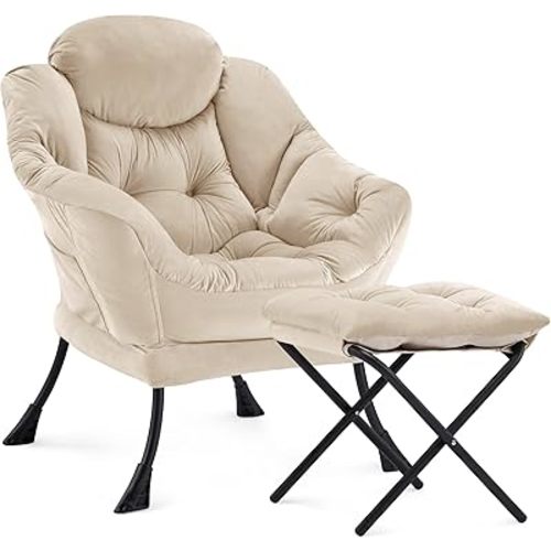 Lazy Chair with Ottoman, Modern Upholstered Accent Armchair with Foot Stool, Lounge Reading Chair for Adults, Leisure Living Room Armchair with Side Pocket for Bedroom, Dorm, Beige