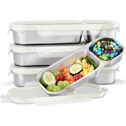 Stainless Steel Snack Containers for Kids Adults, 4 Pack 2 Compartment Metal Snack Containers Box with Lid, Reusable Food Storage Container, Leak Proof, Grab and Go